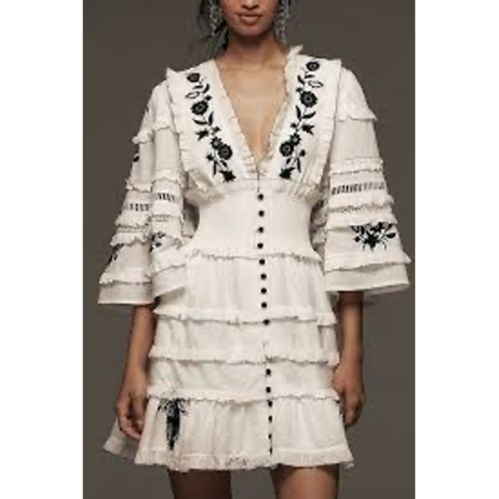 Anthropologie Embroidered V-Neck Ruffled Mini Dress White Black Floral XXS - Picture 2 of 10